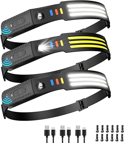 Lsnisni Paquete de 3 faros delanteros recargables, lámpara LED de haz ancho de 230, linterna de cabeza con sensor de movimiento, 5 modos de luces
