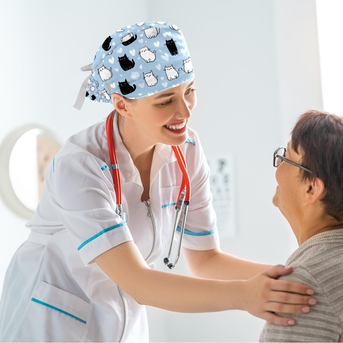 Surgical Cap Bouffant Working Cap for Women, Surgical Scrub Caps Nurse Hat with Button Sweatband Long Hair