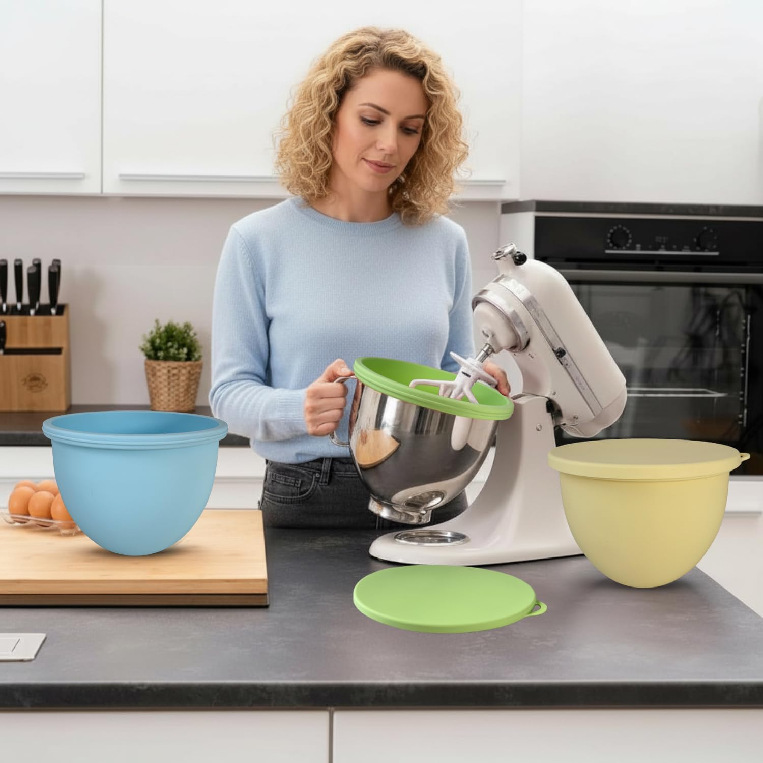 Silicone Bowl Liners for 5 Qt KitchenAid Mixers, Sets of 3 Liners & Lids for Tilt-Head Stand Mixer, Mixing Bowl Insert