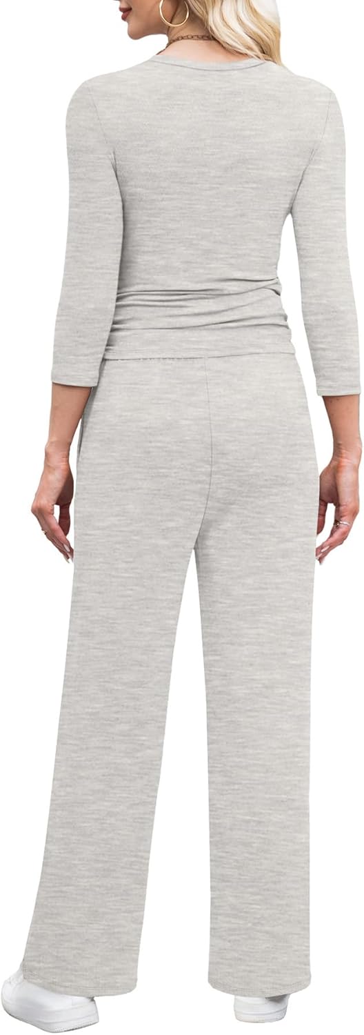 WIHOLL 2 Piece Lounge Sets for Women Summer Vacation Outfits 3/4 Sleeve Tops with Side Ruched Wide Leg Pants Matching Sets - Image 4