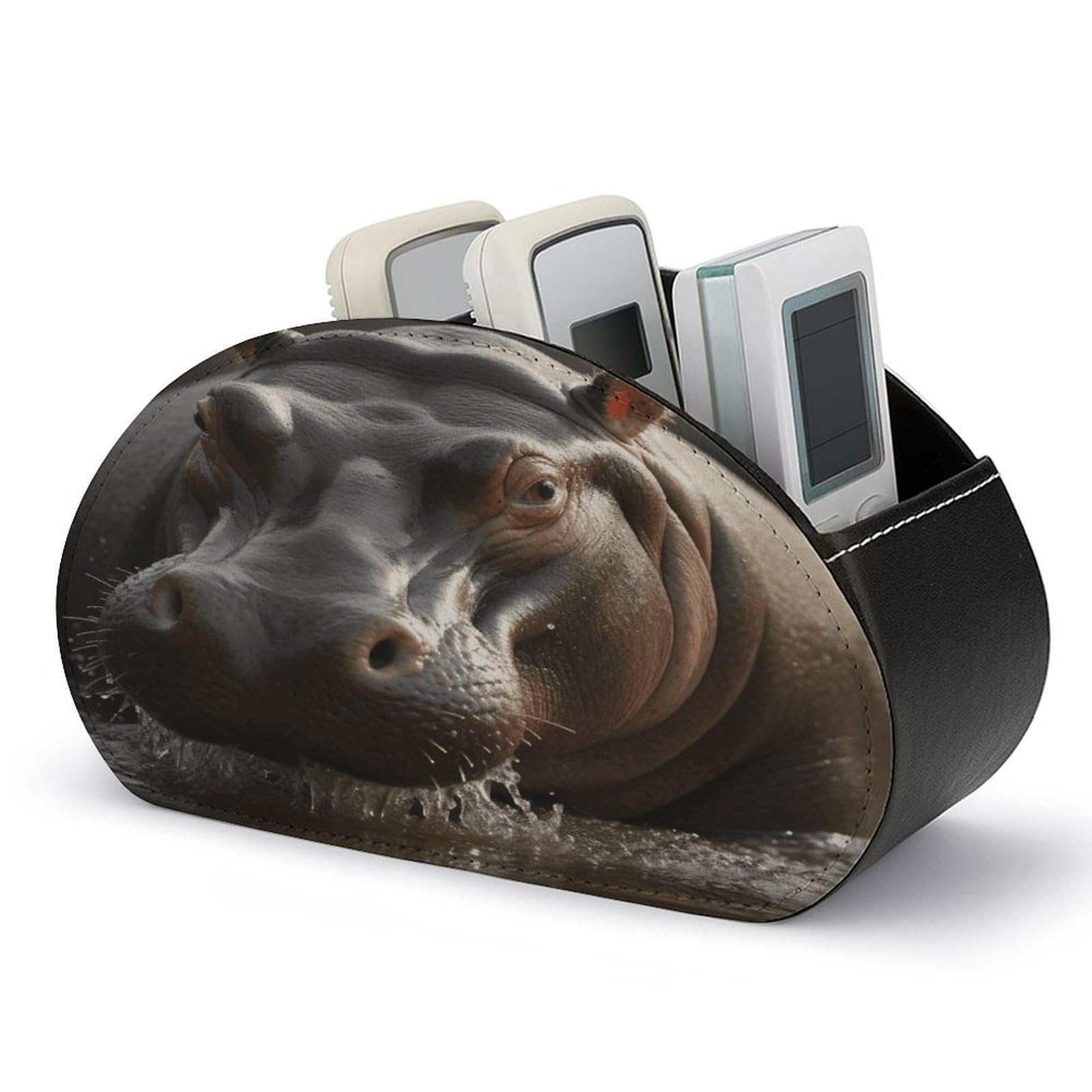 VstaDank Hippo Remote Control Holder with 5 Compartments Pu Leather TV Remote Caddy Storage Box Desktop Organizer Store Controller DVD Brush Pens Glasses&Office Supplies