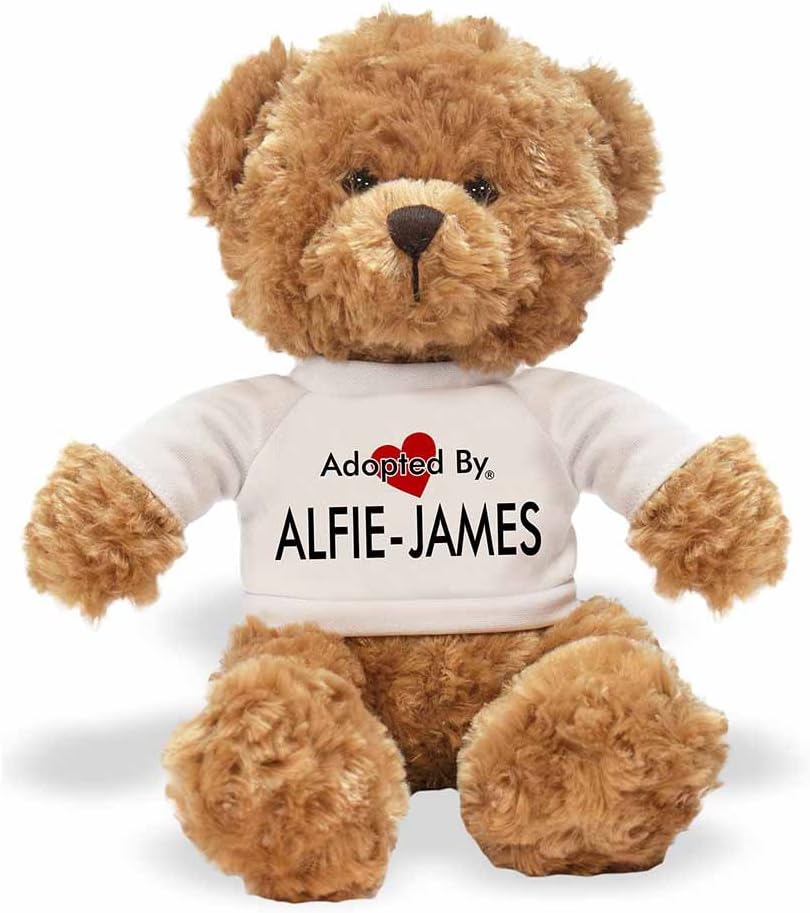 Adopted By ALFIE-JAMES-TB1 "ALFIE-JAMES" Teddy Bear Wearing a Personalised Name T-Shirt