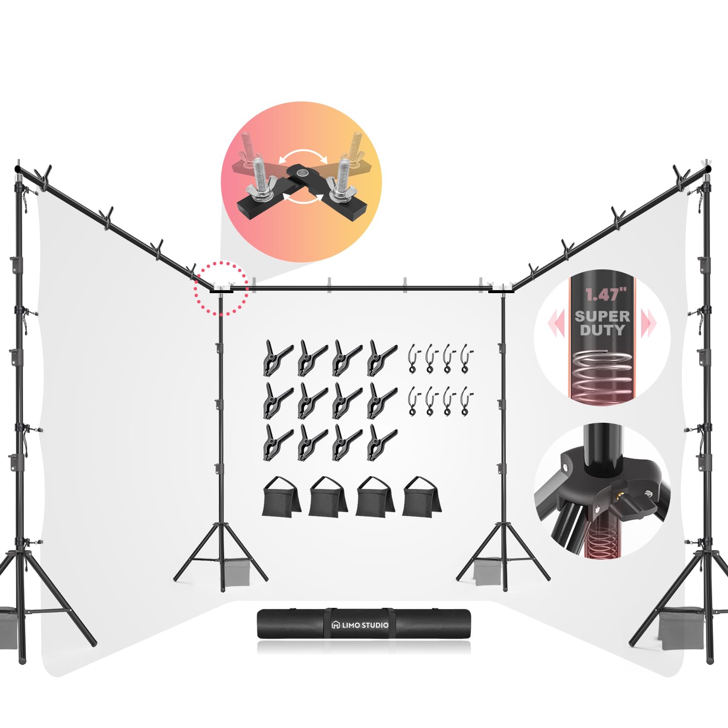 LimoStudio [Enhanced Super Duty] 30.3 x 10.4 ft. Triple Extended Crossbar Backdrop Stands, Super Heavy Duty & Thicker Pole, Strongest in Market No Bend No Shake, 360° Rotatable Angle Control, AGG3354