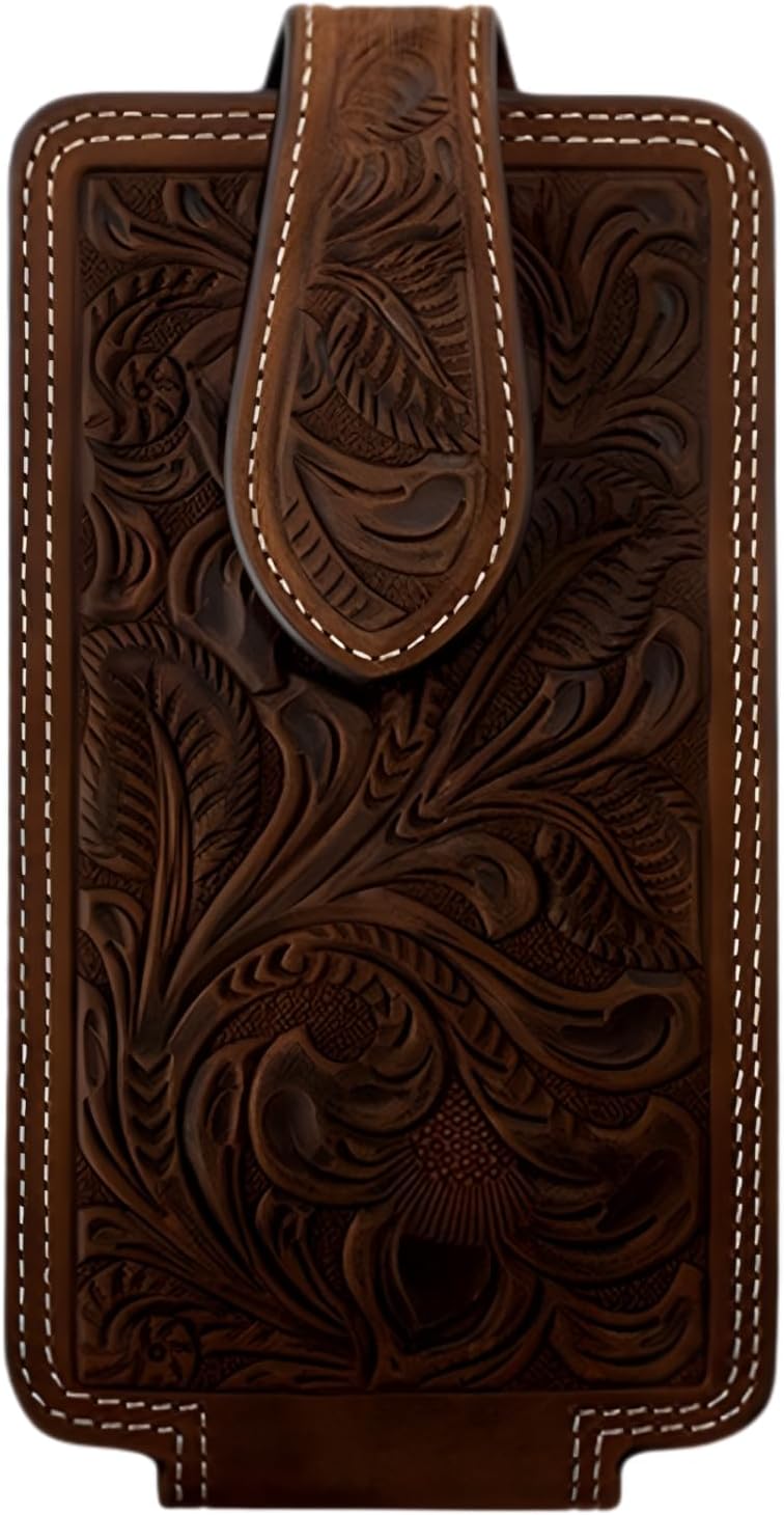 ARIAT Scroll Embossed Leather Cell Phone Case – Fits iPhone 17/16/15 Pro Max, Galaxy S25/S24/S23 Ultra, Pixel 9 Pro XL | Magnetic Flap | 360° Belt Clip | Aged Bark, Large