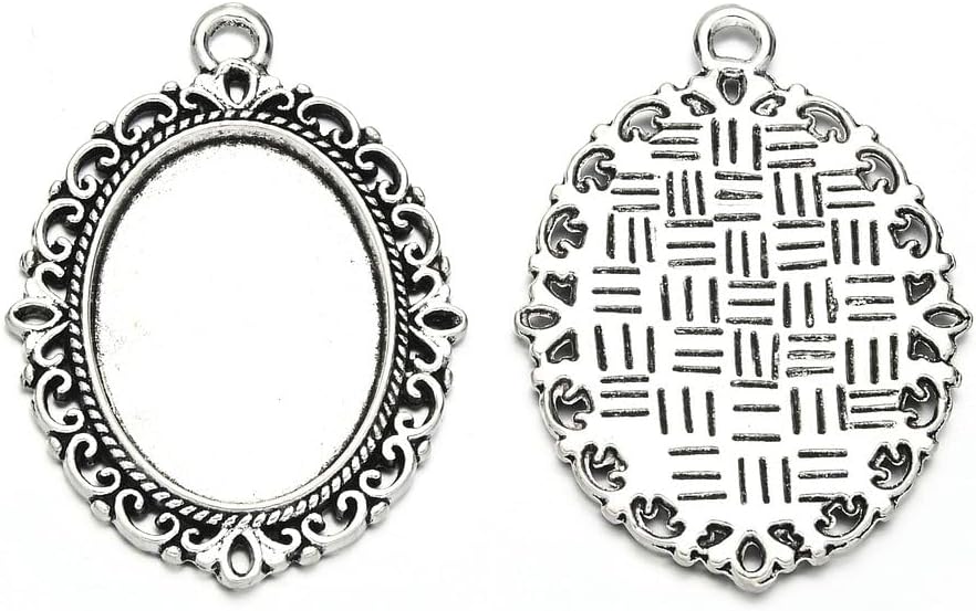 50pcs Large Sturdy Oval Bezel Tray Frames Pendant Base Blank Jewelry Settings Antique Silver for 25x18mm Cabochon Cameo Photo Pendant Craft Jewelry Making MC-G3