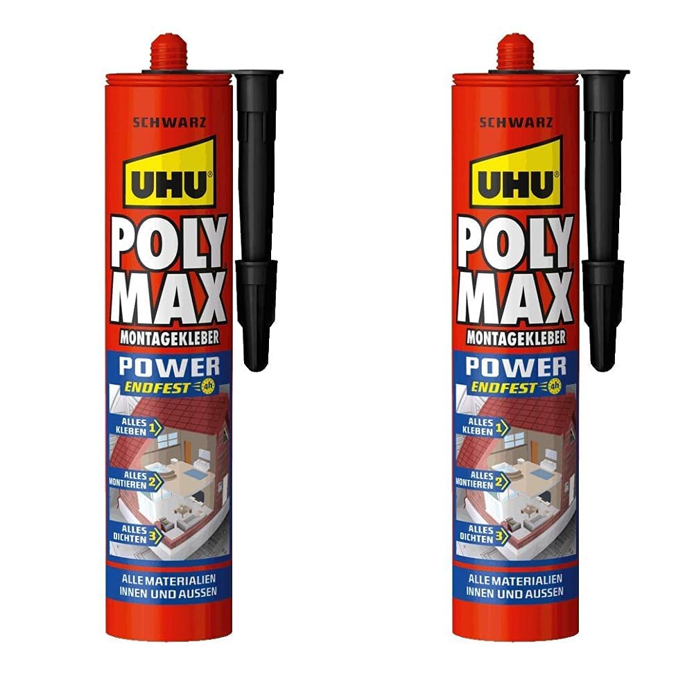 UHU POLY MAX Montagekleber POWER Kartusche, Schwarzer Montageklebstoff und Dichtmittel mit hoher Endfestigkeit, 425 g (Packung mit 2)