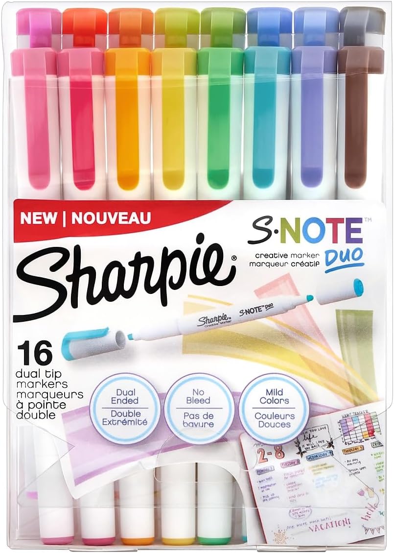 SHARPIE S-Note Duo Dual-Ended Creative Marker Set, Part Highlighter Marker, Part Art Marker, Assorted Colors, Fine and Chisel Tip Marker, Includes Stand-up Easel, 16 Count