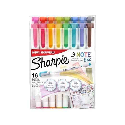 Sharpie S-Note Duo Dual-Ended Creative Markers, Part Highlighter, Part Art Marker, Assorted Colors, Fine and Chisel Tips, Includes Stand-up Easel, 16 Count