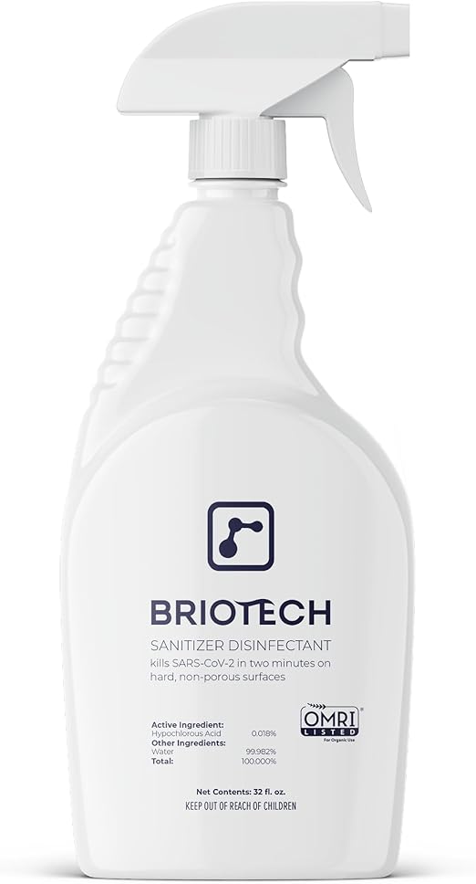 BRIOTECH Sanitizer Disinfectant Hypochlorous Spray, Kills 99.99% of Viruses & Bacteria, Eliminate Odor, Gentle for Nurseries & Play Rooms, Rinse Free Food Contact Surface Sanitizer, 32 fl oz