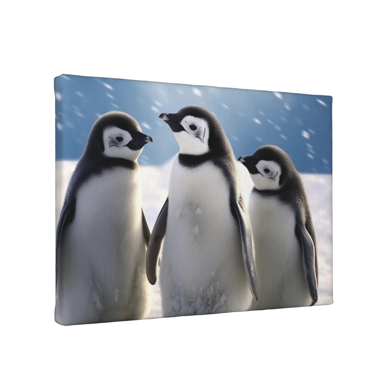 YKLJG Young Penguins With Snow Printed Wall Art Canvas Painting 30x20 CM Wooden Framed Picture Painting Artwork Prints for Bedroom Kitchen Home Office Decor