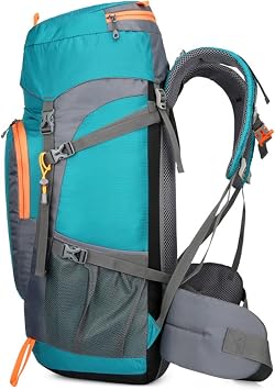 65L Hiking Backpack Water-Resistant Nylon Outdoor Rucksack with Breathable Mesh Back and Adjustable Straps for Camping Trekking Climbing and Travel, Includes Rain Cover(Lake Blue)