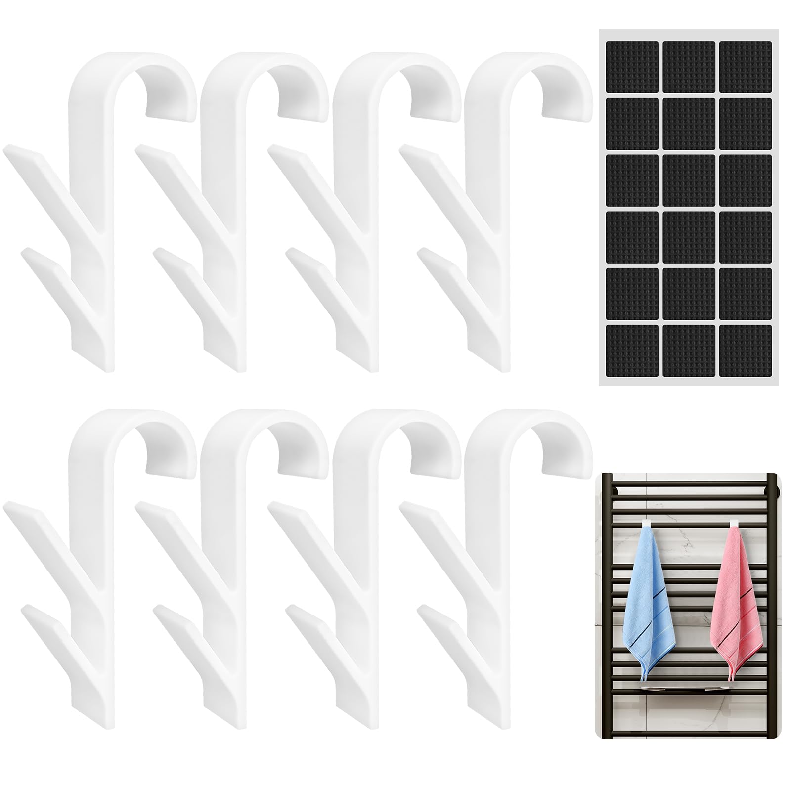 VEPEPE 8 Hooks for Durable Radiator Hooks Double Hooks with 16 Anti-Slip Pads, Towel Radiator Brackets (11cm Long)