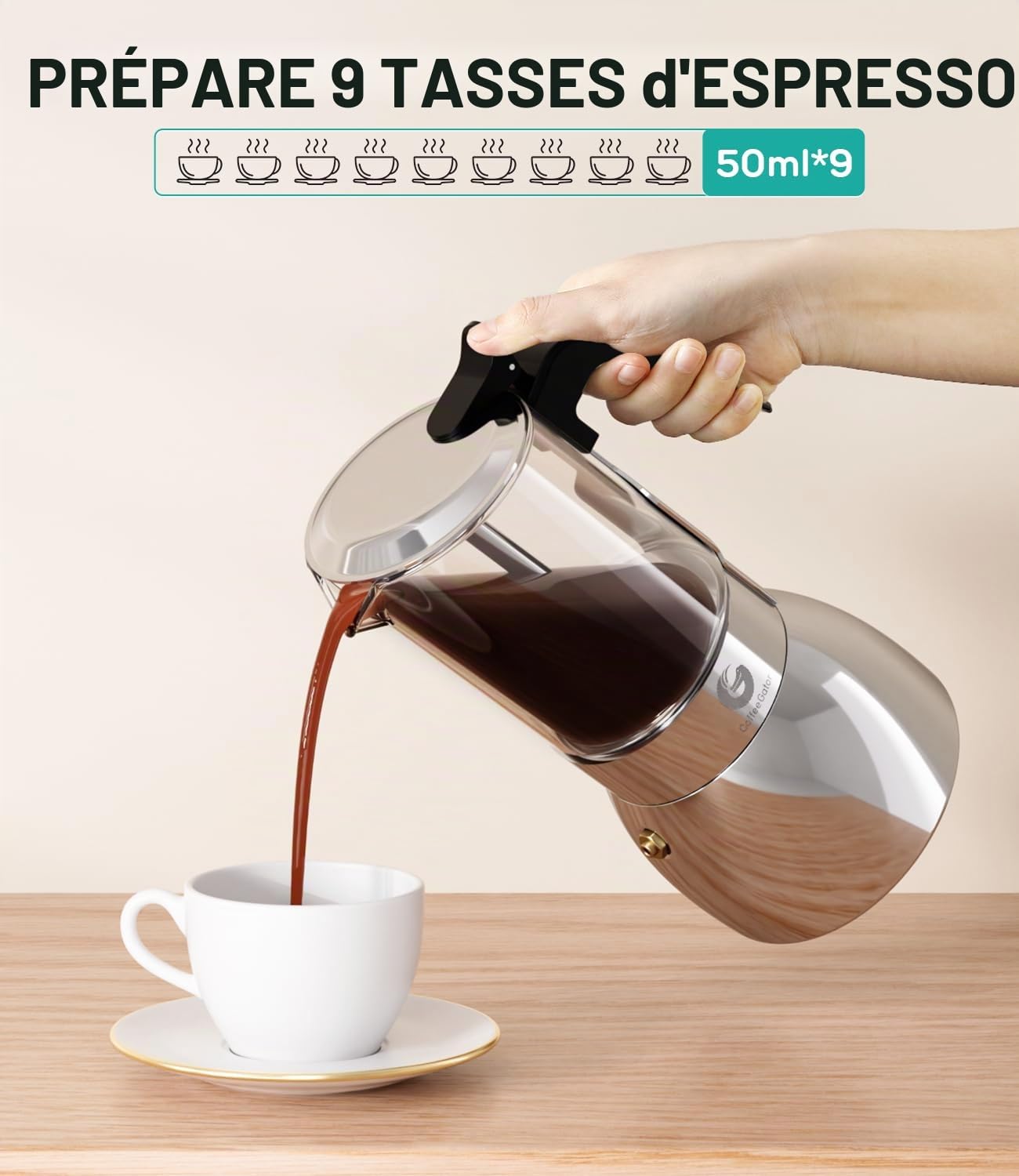 Coffee Gator 9 Tasses Pot à moka 450 ml, Design Transparent en Verre et Acier Inoxydable, Cafetière Moka, Cafetière italienne, Argentée