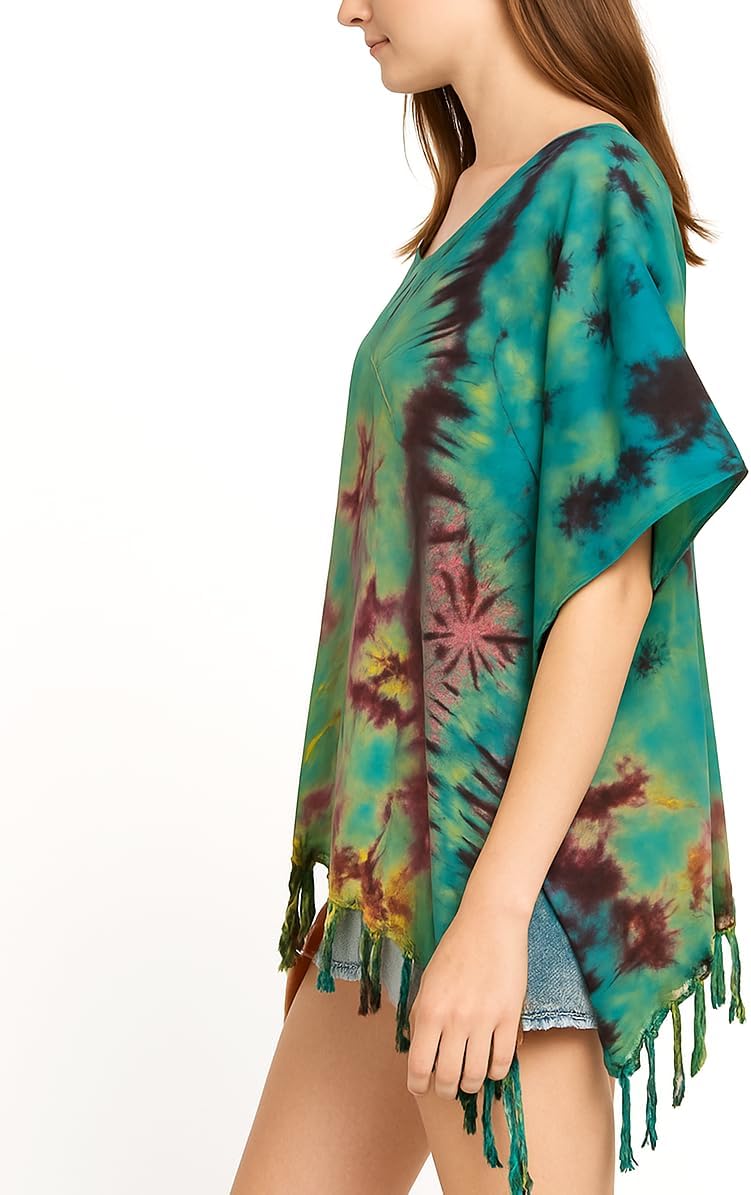 Tie Dye Blouse Caftan Kaftan Poncho Tunic Tops Cover Up Plus size Real Handmade (Teal blue)