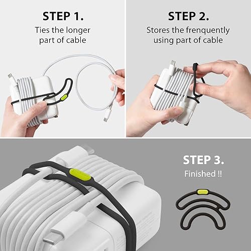 Miniatura 4 de BONE Brida de cordón doble (3 paquetes), organizador de cables y organizador de cables, brida de silicona reutilizable y lavable con diseño de doble