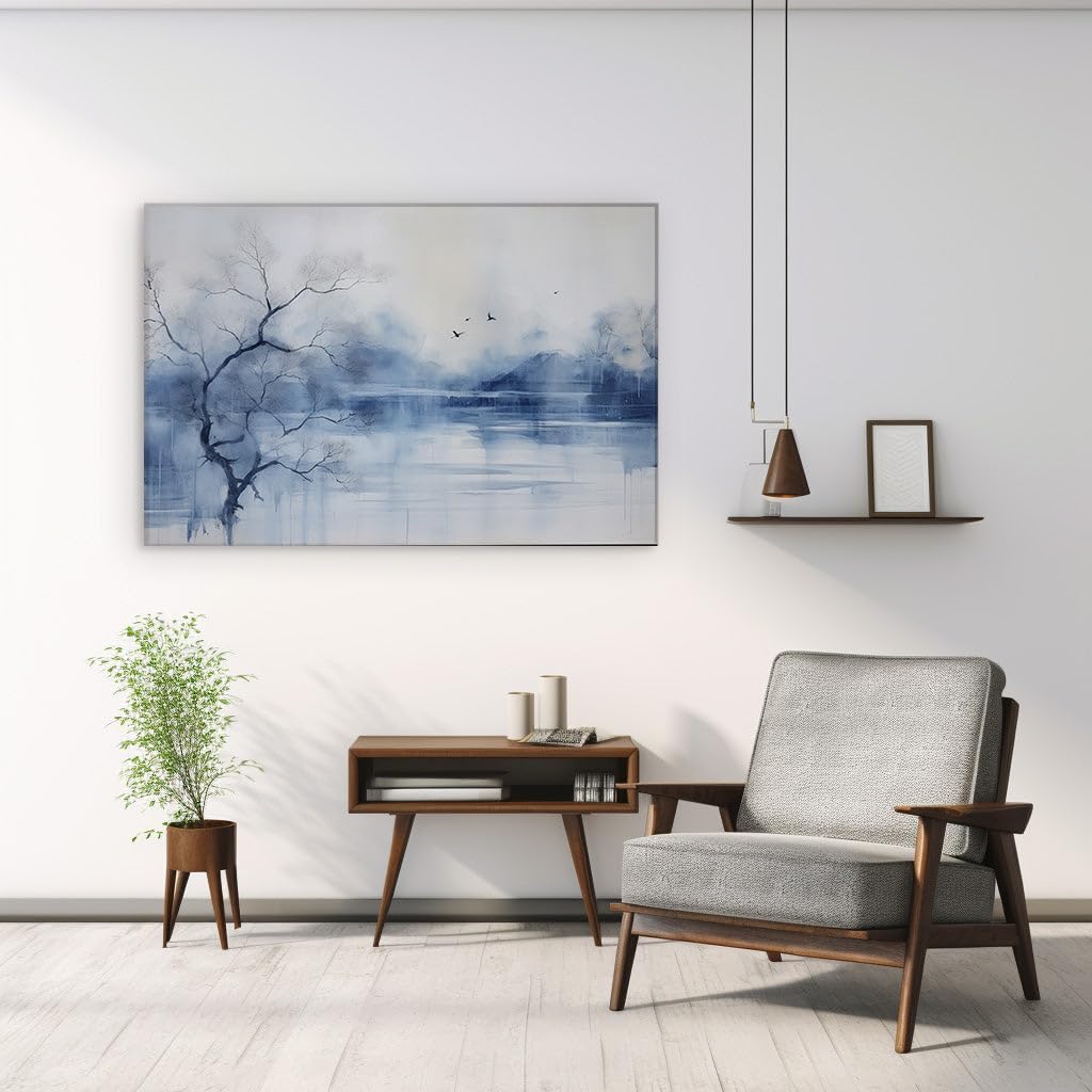 Canvas for Living room. Winter's Serene Embrace Revealed in Brushstrokes of Blue and White, 27 x 18 inch Canvas Wall Art - Contemporary Masterpieces - Zen Wall Decor