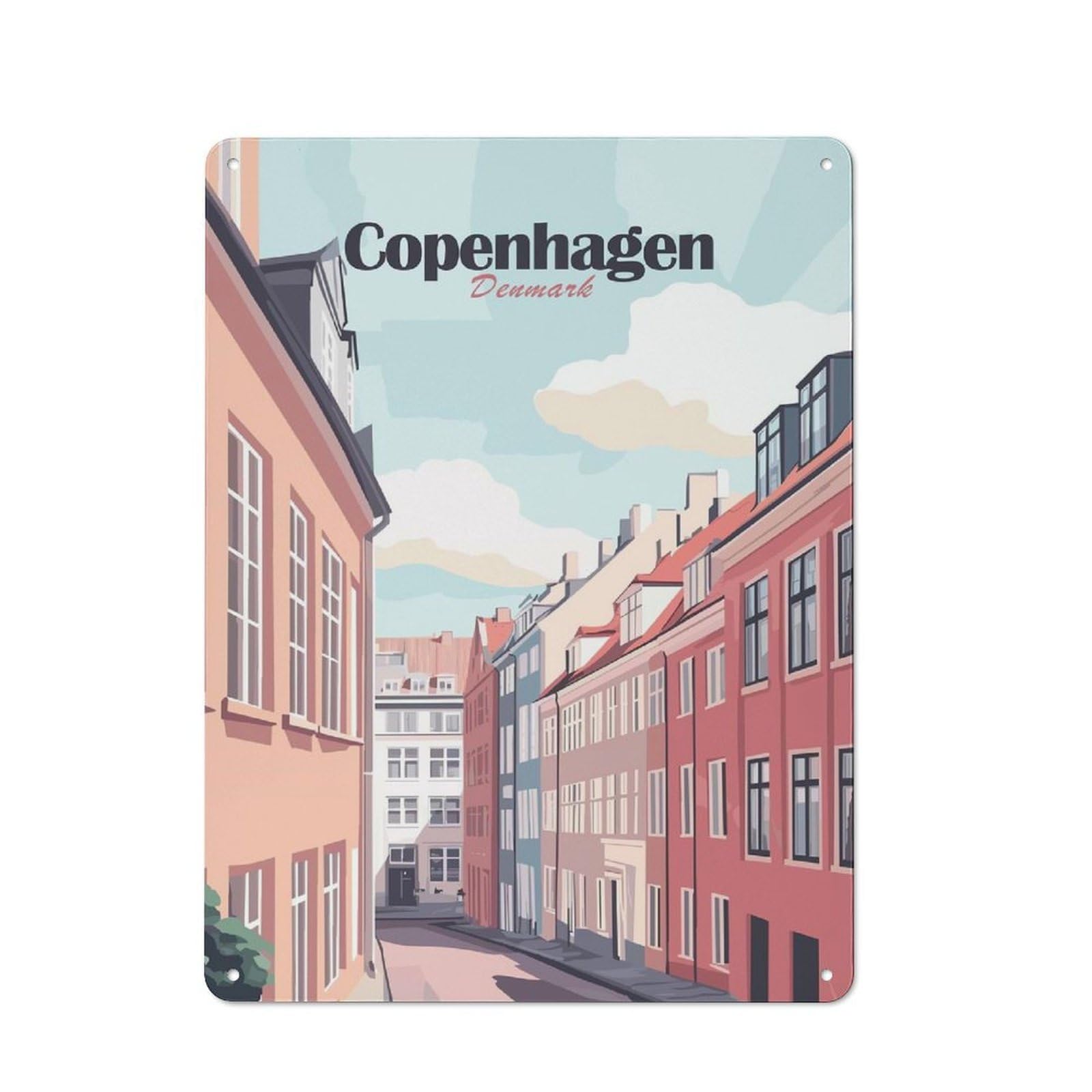 Junmoney Style-21 Tin Wall Plaque 40X30cm With Copenhagen, Denmark Cityscape Illustration For Hallway Wall, A Decorative Metal Sign For Hallways And Entrance Areas