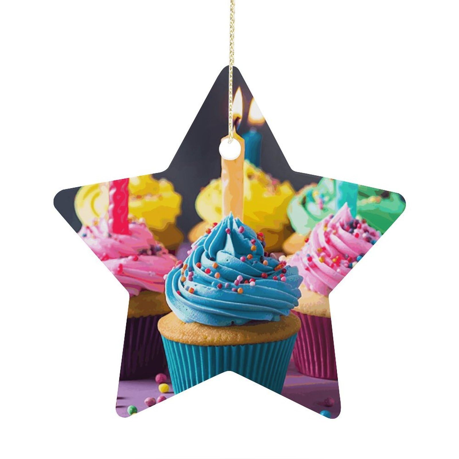 Colorful Happy Birthday Cupcakes Stars Ornaments Ceramic Christmas Tree Hanging Light in Weight Christmas Star Pendants Funny Double-Sided Printed Xmas Ornaments for Gifts