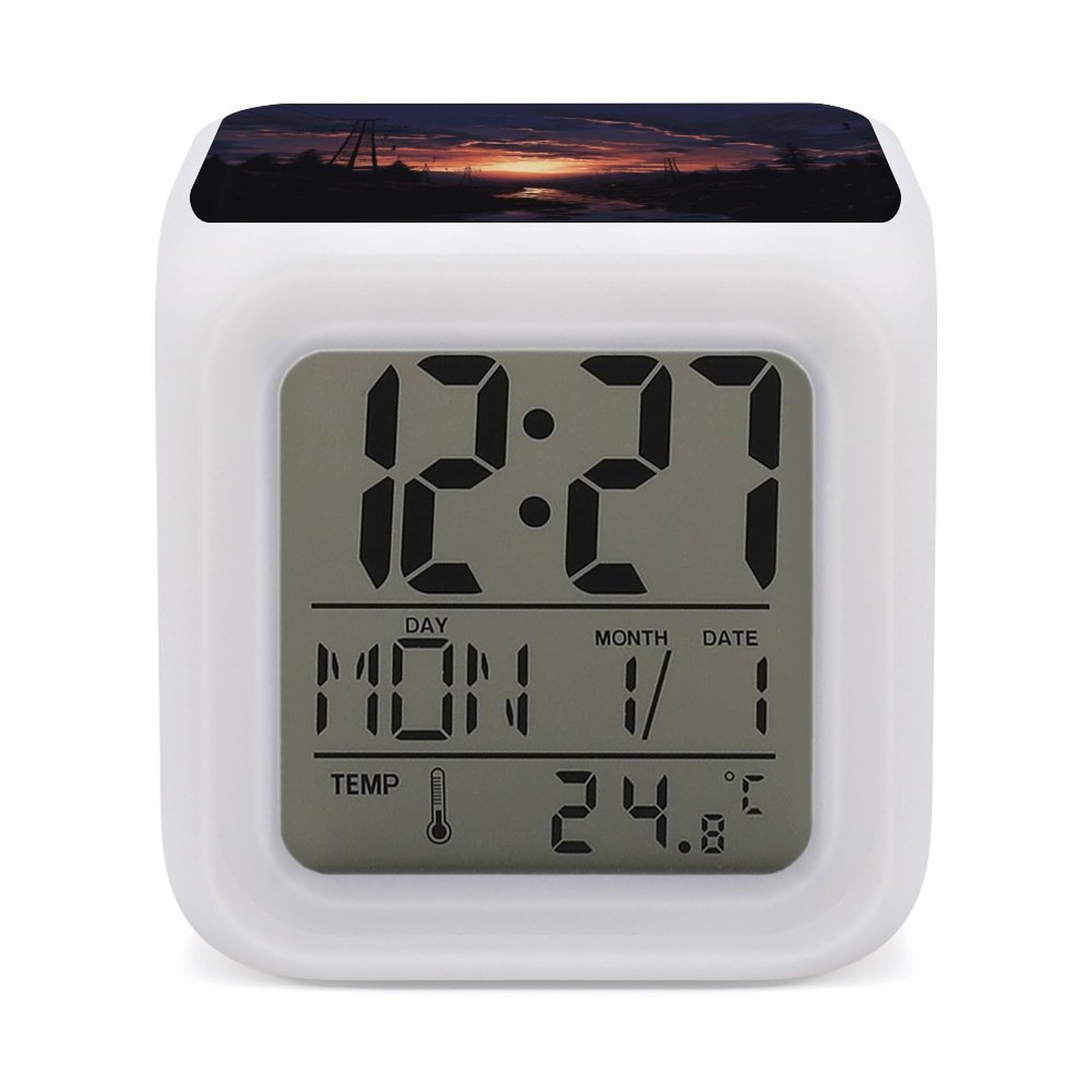 JTREHY Dusk Scenery Alarm Clock Digital Dimmable Clock for Bedroom LED Display Screen Mini Clocks 7 Color Dimmable Night Lights Time-to-Rise Alarm Clocks for Office Living Room
