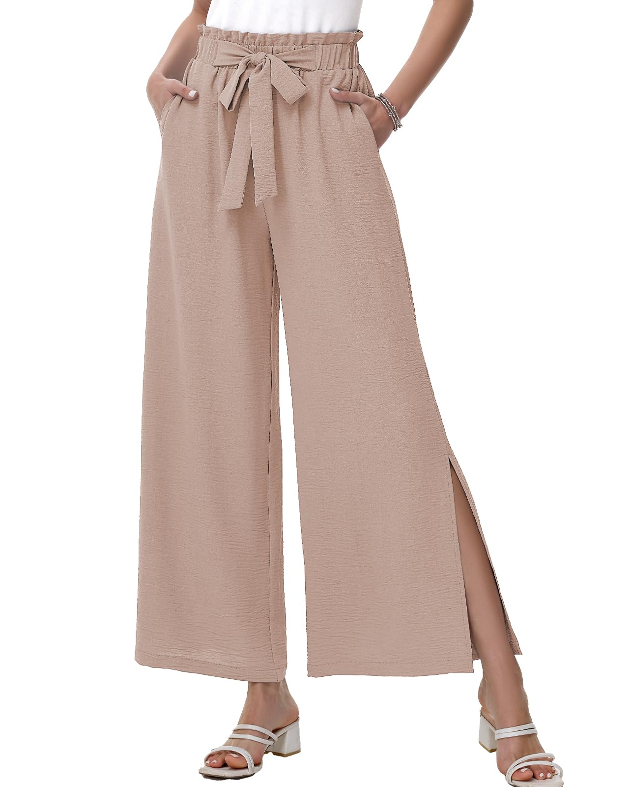 HMIYA Weite Hosen Damen Lässig Elegant Palazzo Hose Leichte Hohe Taille Sommerhose mit Taschen