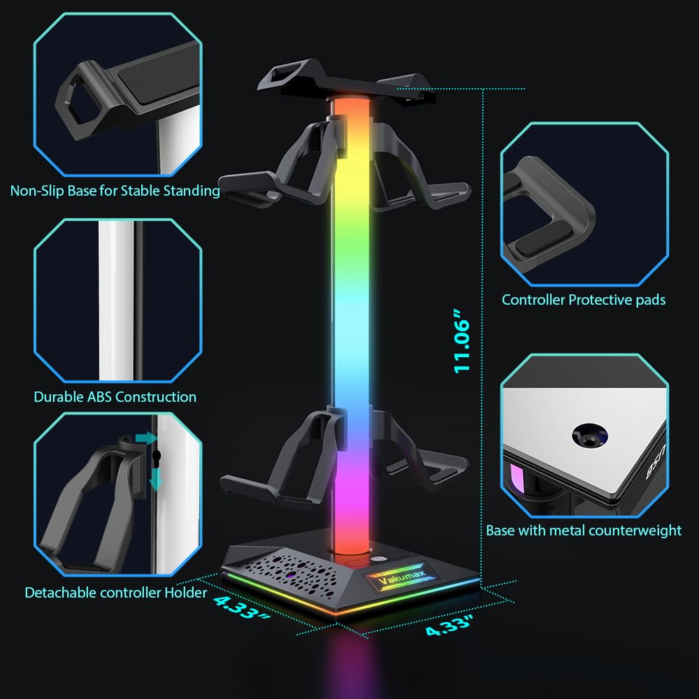 Supporto RGB per cuffie e controller con hub di ricarica USB, supporto per cuffie da gioco per scrivania, 2 porte USB-A e USB-C, contiene 4 controller, 10 modalità di illuminazione per PS5
