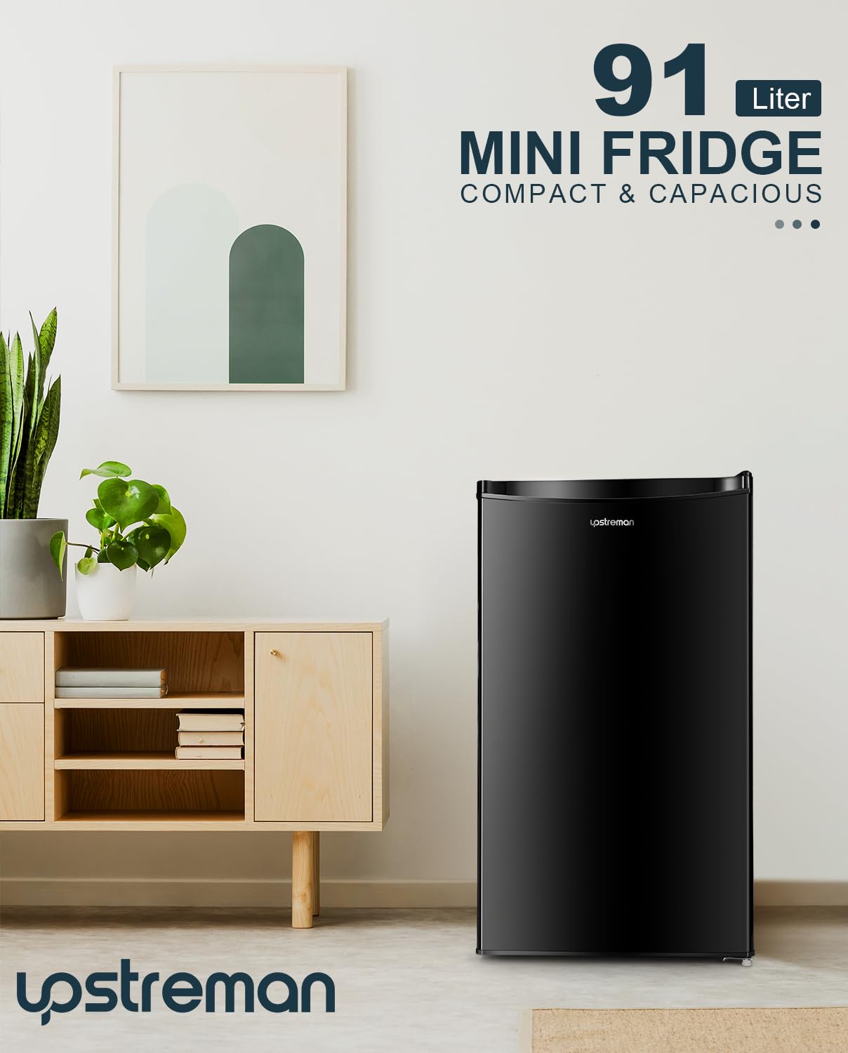 Upstreaman Under Counter Fridge, 91L Small Fridge Quiet for Bedroom and Dorms, Five Stage Temperature Control and Removable Shelves, Standard Refrigerator BR321 (Black) — view 7