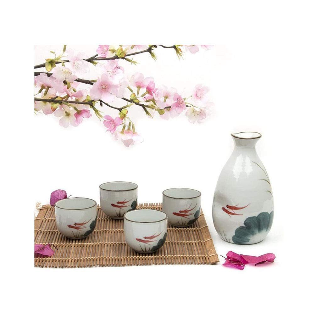 Service à saké Japonais, Tasse en céramique et Verre à vin Artisanal en Porcelaine Peinte à la Main, Lot de 5 (Poisson Rouge)