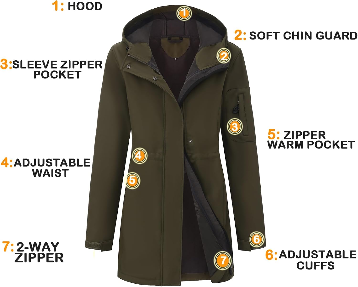 CHIGUO Women's Softshell Waterproof Jacket Warm Fleece Lined Coats with Hood Long Rain Jackets - Image 5