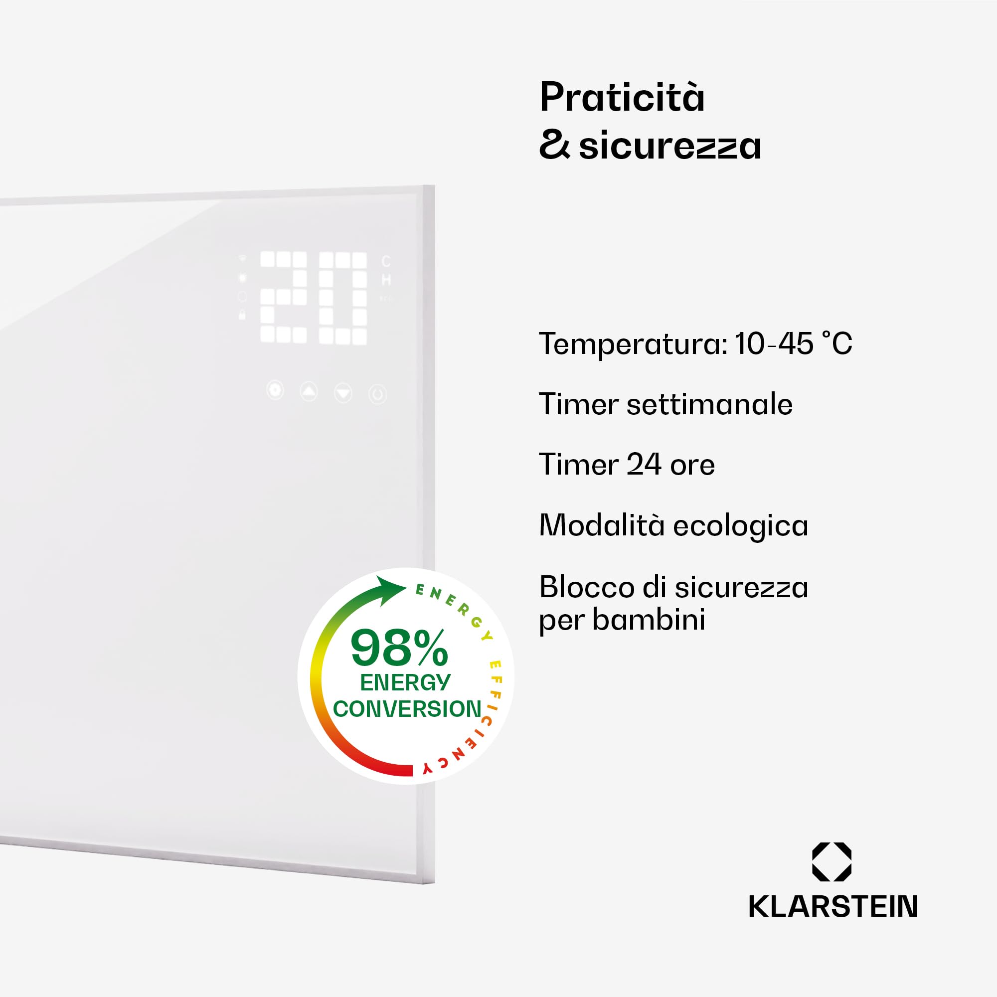 Klarstein Stufa Elettrica Infrarossi Basso Consumo, Pannello Radiante 600W, Telecomando e Timer, WiFi App per Riscaldamento No CO2