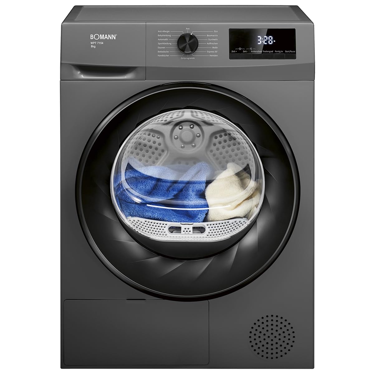 Bomann® Wärmepumpentrockner 8kg | kein Wasseranschluss nötig | Trockner m. Antiknitterfunktion | Wäschetrockner 15 Programme | Kondenstrockner | umweltfreundliches Kühlmittel R290 | WPT 7154 titan