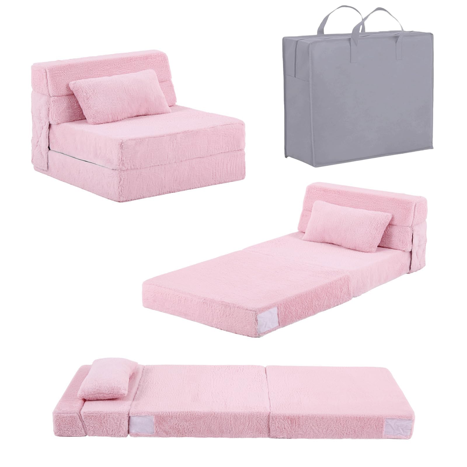 Tiita Folding Sofa Bed for Kids, Quad-Fold Mattress with Pillow, Soft Plush Couch, Portable Storage Bag, Convertible Lounger, for Playroom, Living Room, Guest Room, Pink