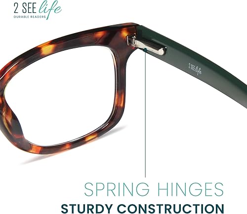 Miniatura 4 de Tortoise Green - Anteojos de lectura anchos para mujer, lectores de marco grueso prémium con bisagras de resorte, protección contra la luz azul y