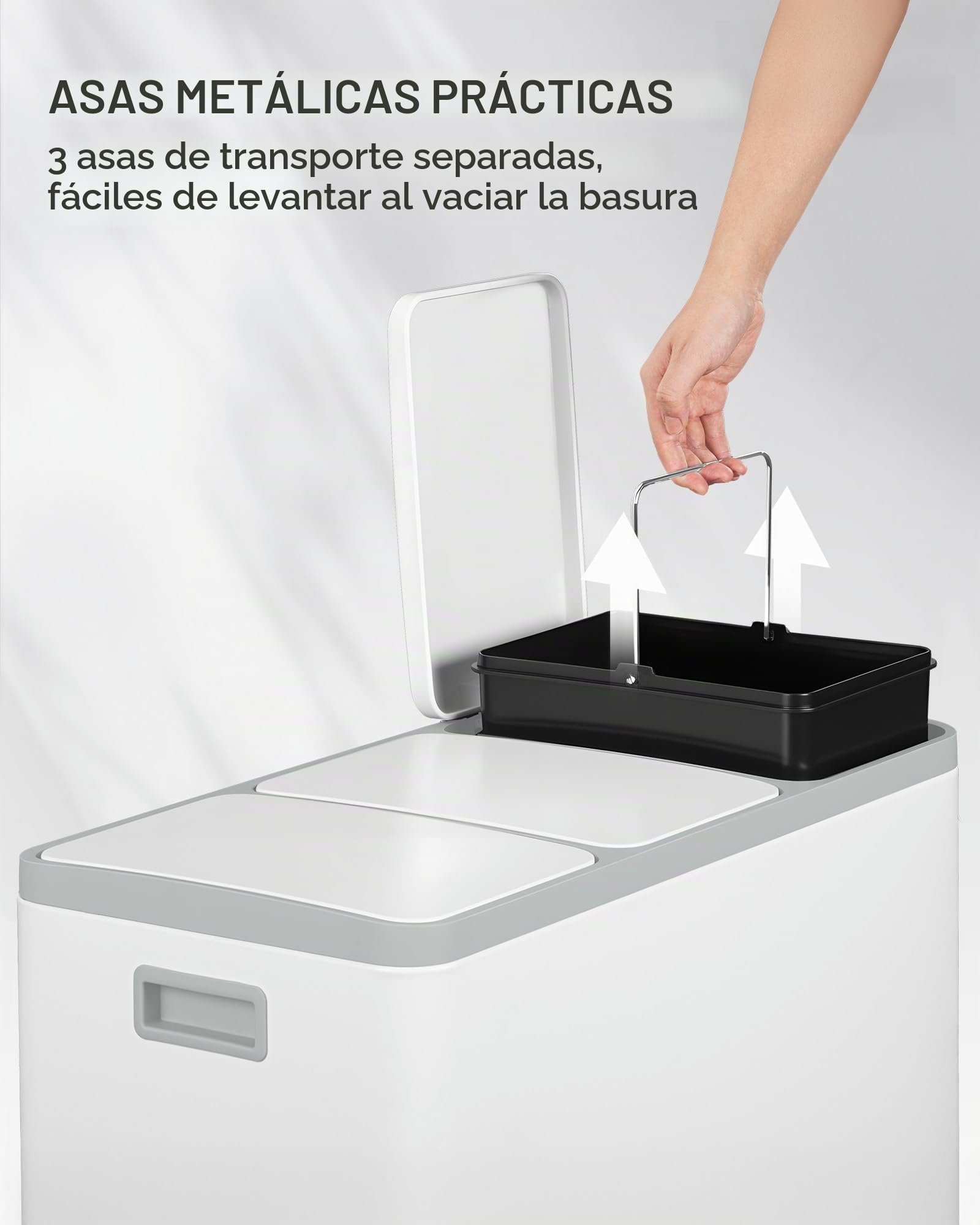 Hzuaneri Cubo de Basura para Reciclaje, Cubos de Reciclaje Cocina con Pedal 3 x 15 L, Contenedor de Acero Inoxidable con Cubos Extraíbles y 1 Rollo de Bolsas de Basura, Blanco SW04599W