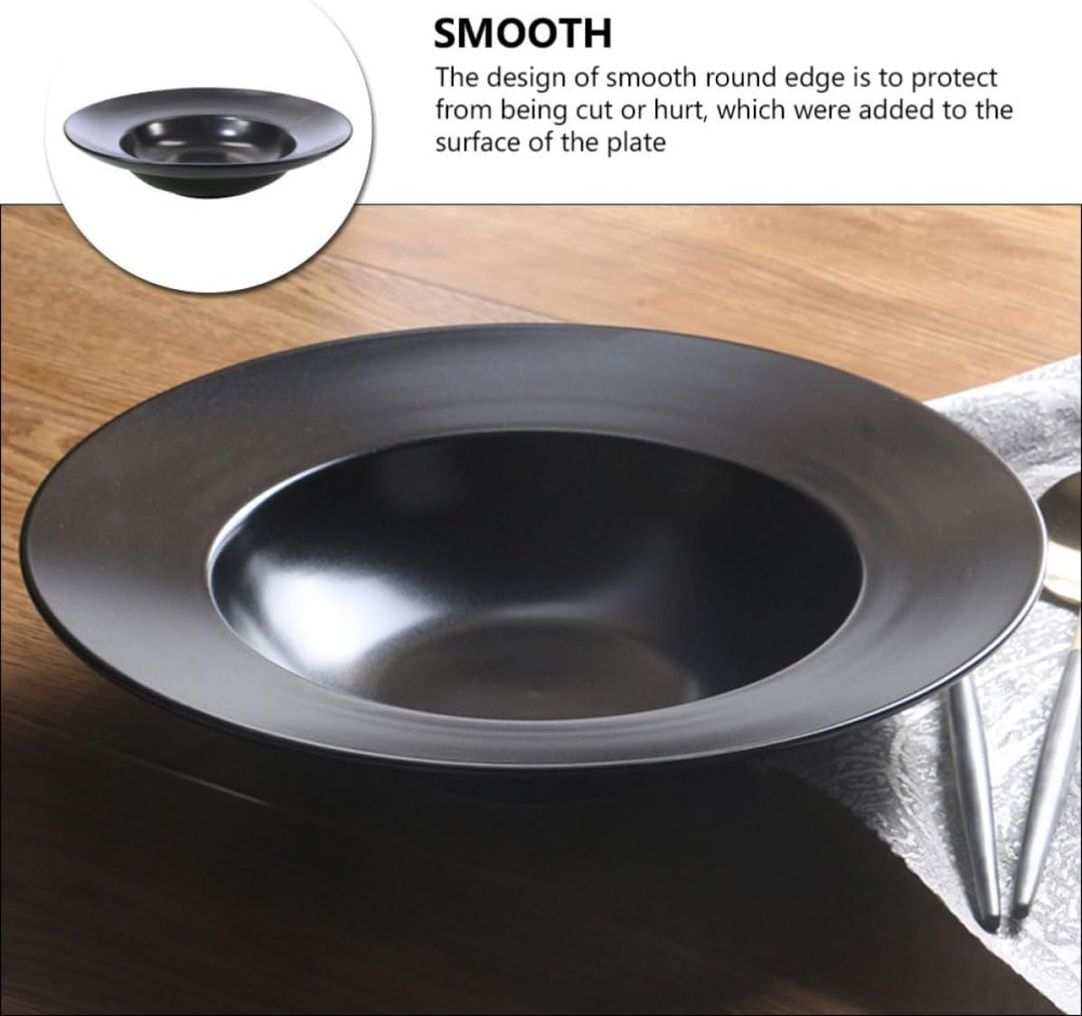 Black Ceramic Soup Plate with Smooth round Edge, Easy to Clean Kitchen Plate for Outdoor Party and Camping, Delicate Simple Color round Pasta and Salad Dish