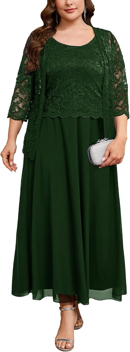 CYCLAMEN Plus Size 2 Piece Formal Dress Suit Mother of The Bride Dresses Sets with Lace Jacket Elegant Wedding Outfits