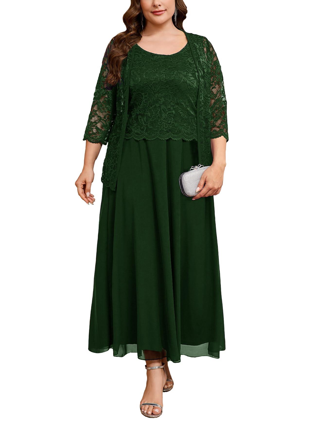 CYCLAMEN Plus Size 2 Piece Formal Dress Suit Mother of The Bride Dresses Sets with Lace Jacket Elegant Wedding Outfits