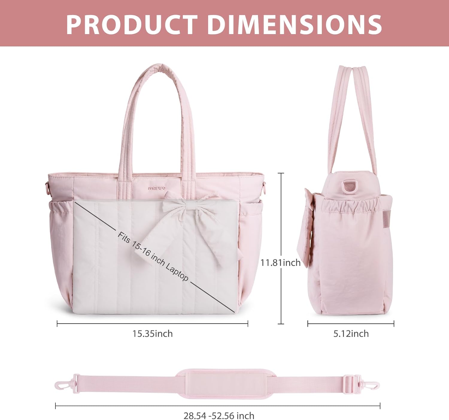 MOSISO Bow Tote Bag for Women, Laptop Bags Handbag Work Tote Bag with Cup Holder & 15-16 inch Laptop Compartment for Travel Work School, Lightweight Puffer Tote Bags with Trolley Sleeve, Pink
