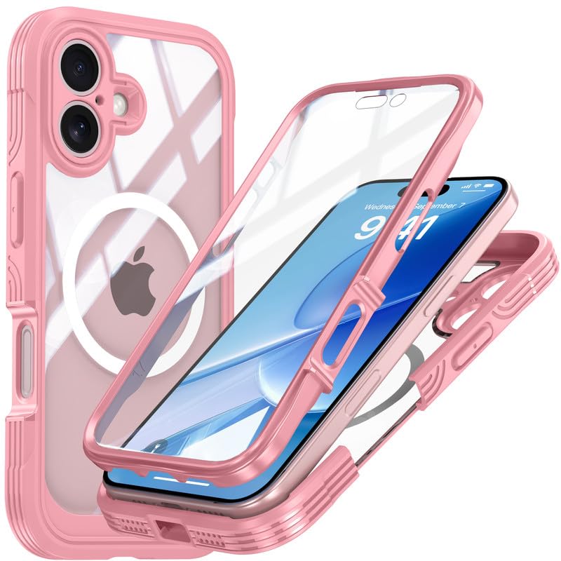 Shockproof Front & Back Cover for iPhone 17 with Full Body Protection | Strong Grip | Camera & Screen Guard | Wireless Charging Support | Durable TPU+PC Design – Pink