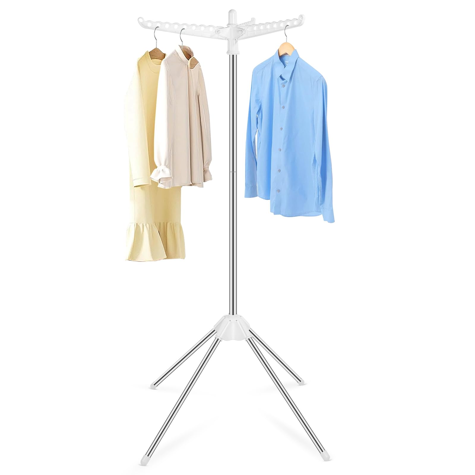 Airer Clothes Drying Rack, Foldable Laundry Dryer Rack with 3 Rotatable Arms for Hangers, Clothes Airer Stainless Steel with 4 Legs for Indoor, for 27 Pieces of Clothes,151.5 cm High, White and Silver