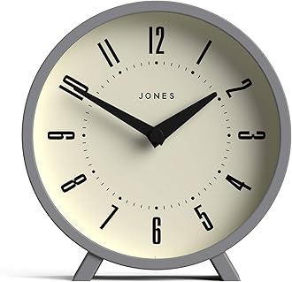 JONES CLOCKS® Venus Desk Clock | Modern Round Design | Gray | Stylish Retro Look for Shelf, Table, Mantel or Bedside