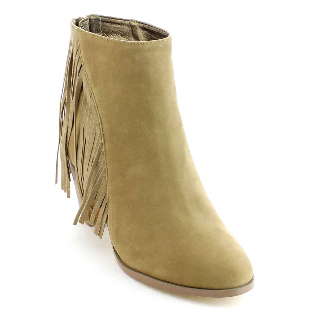 Bonnibel Dean-2 Women's Stacked Heel Back Zipper Fringe Ankle Booties,Taupe,6