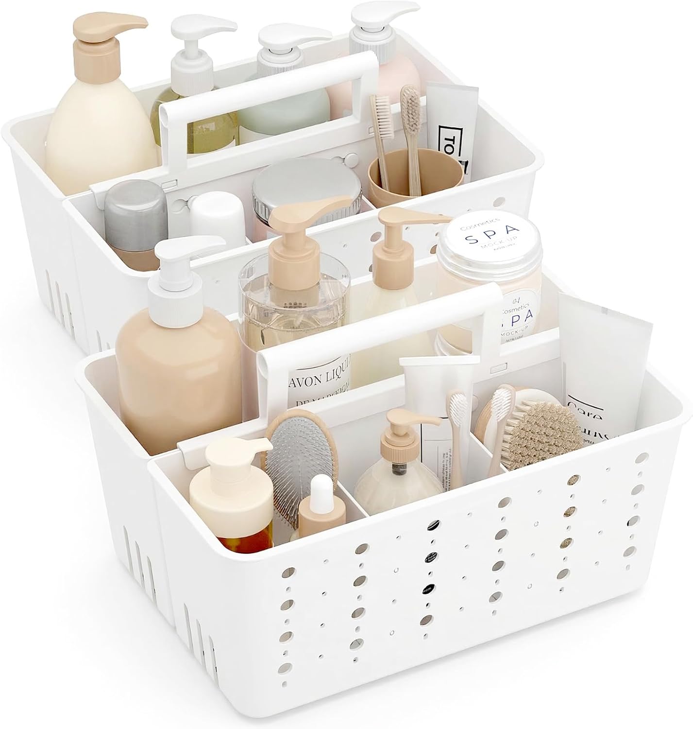 Lifewit Shower Caddy Portable, Cleaning Supplies Caddy Organizer with Handle and Adjustable Dividers, Plastic Shower Basket for Dorm Room Essentials, College, Bathroom, White, 2 Packs