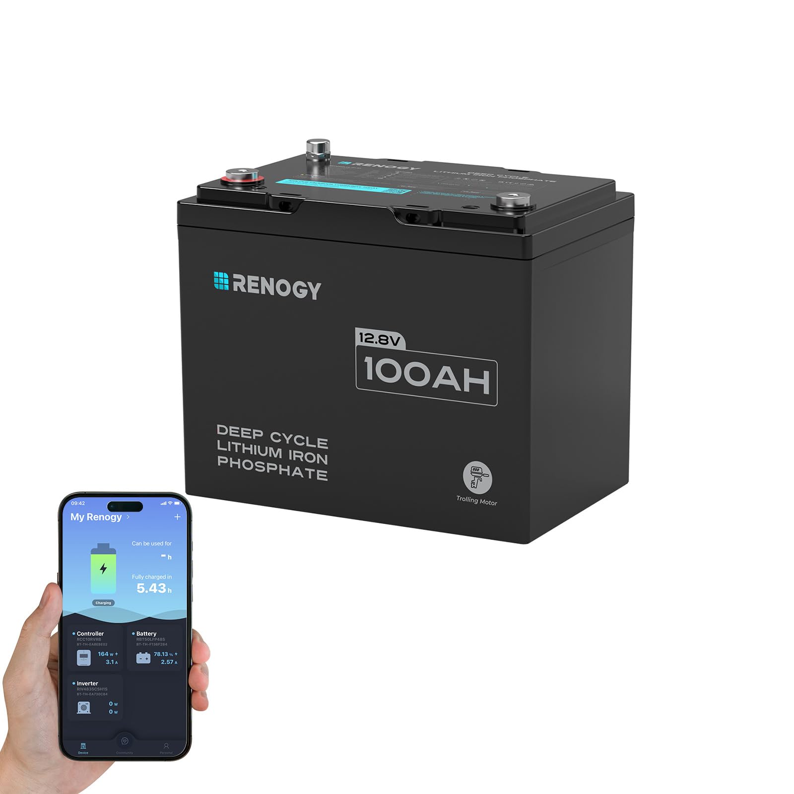 Renogy 12V 100Ah Trolling Motor Lithium Lifepo4 Battery with Bluetooth, Built in 100A BMS, IP67 Waterproof Group24 Deep Cycle Battery for Yacht, Marine, Boat, RV, Home Backup Energy