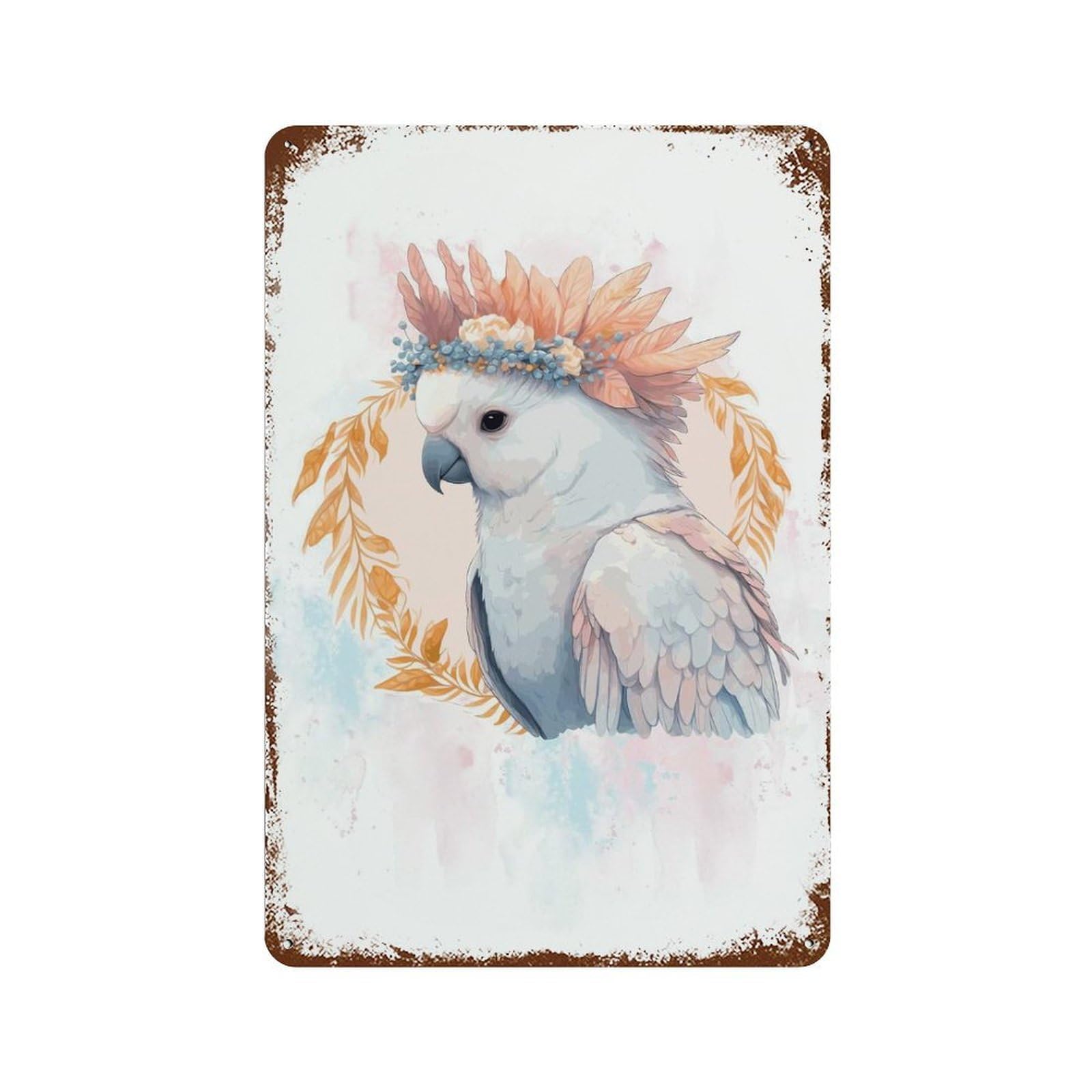 Floral Watercolor Cockatoo Rust Effect Tin Sign 11.8"x7.9", Vintage Wall Decor for Pub, Kitchen And Man Cave Decor