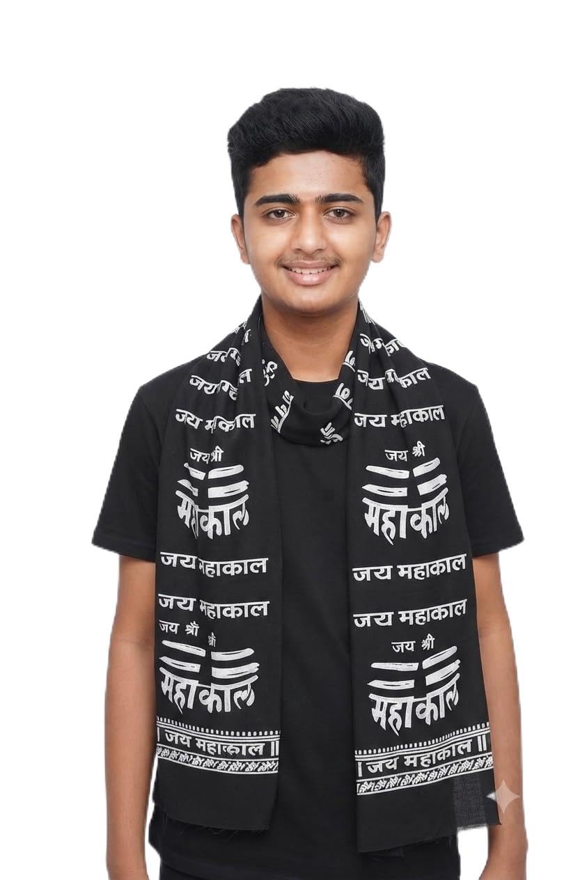 Jai Mahakal Printed Black Cotton Scarf for Men & Women | Mahadev Shiv Bhakt Religious Stole | Lightweight Devotional Gamcha Dupatta | Soft Comfortable Neck Wrap for Temple, Festivals & Daily Wear-picture-17