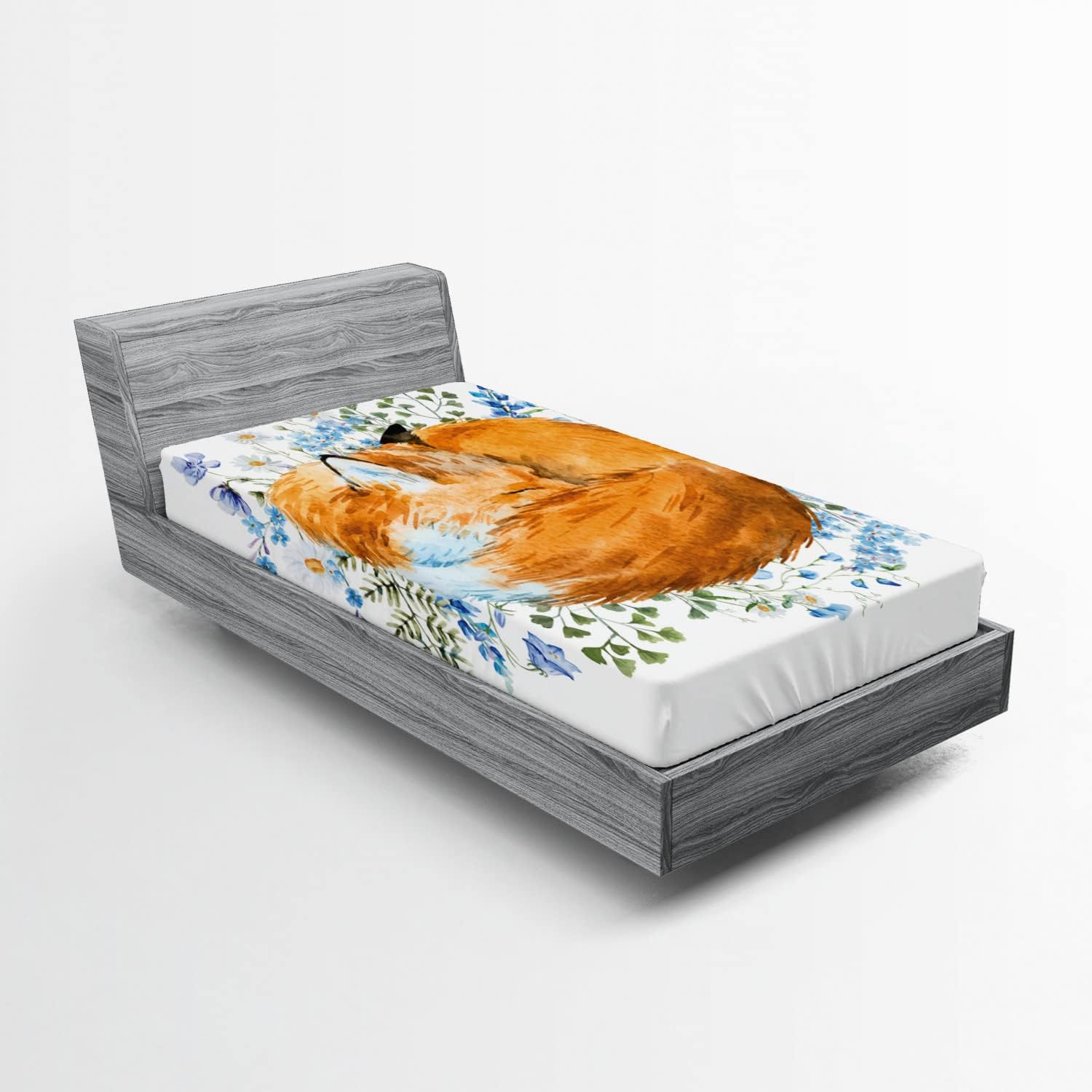 Ambesonne Fox Fitted Sheet, Sleeping Fox in Watercolors Hand Drawn Fresh Wild Flowers Blossoms Art, Soft Decorative Fabric Bedding All-Round Elastic Pocket, Twin Size, Olive