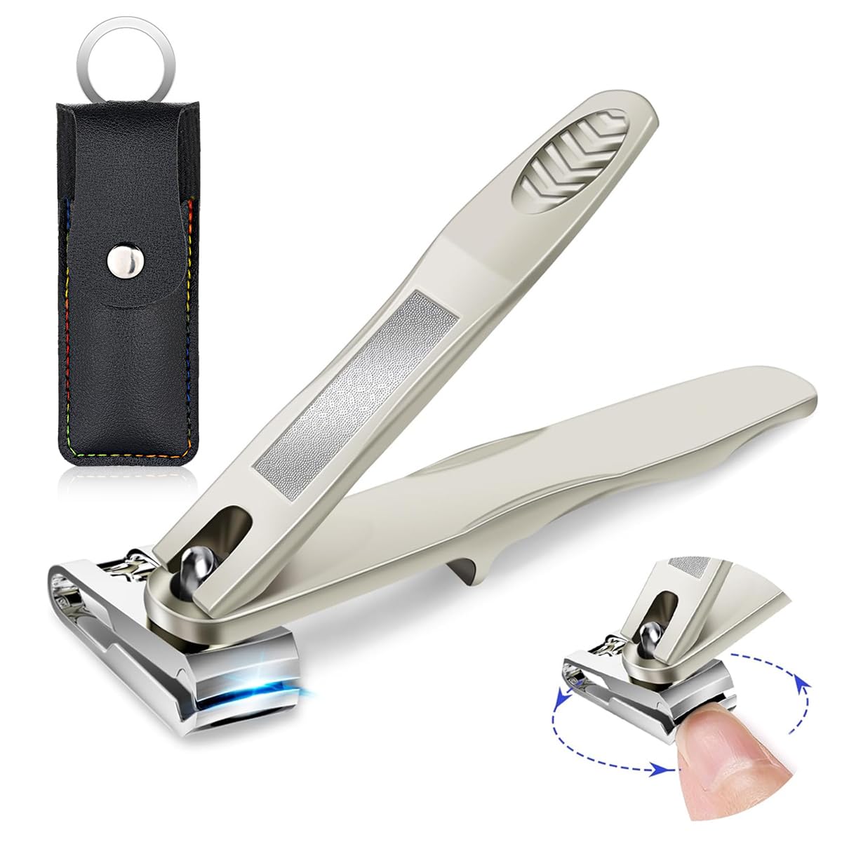 MAYCREATE® Nail Clipper with Nail File Long Handle Stainless Steel Nail Cutter 360° Rotatable Nail Clipper Head Thick Nail Nail Clipper Travel Nail Clipper with PU Sleeve