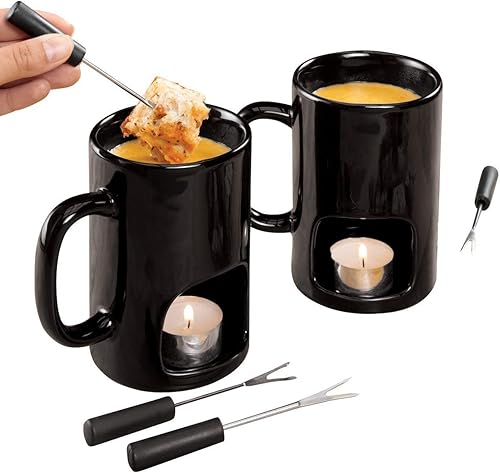 Miniatura 5 de Kovot Juego de 2 tazas de fondue personal  Tazas de cerámica para chocolate o queso  Incluye tenedores y velas de té  Doble ventilación (negro)