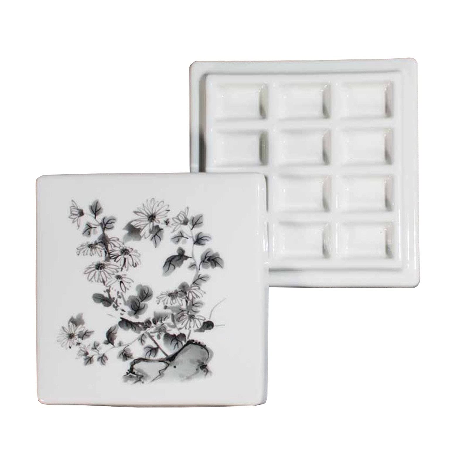 Porcelain Watercolor Paint Palette, Square Lidded Ceramic Paint Palett, 12-Hole(C)