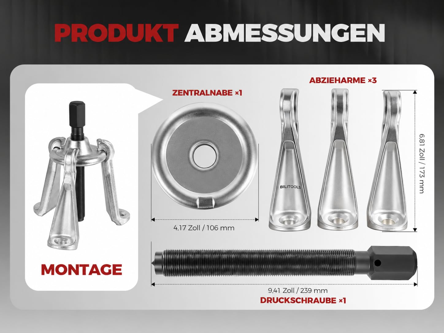 BILITOOLS Radnaben Bremstrommelabzieher, 3-armig Lochkreis bis 203 mm